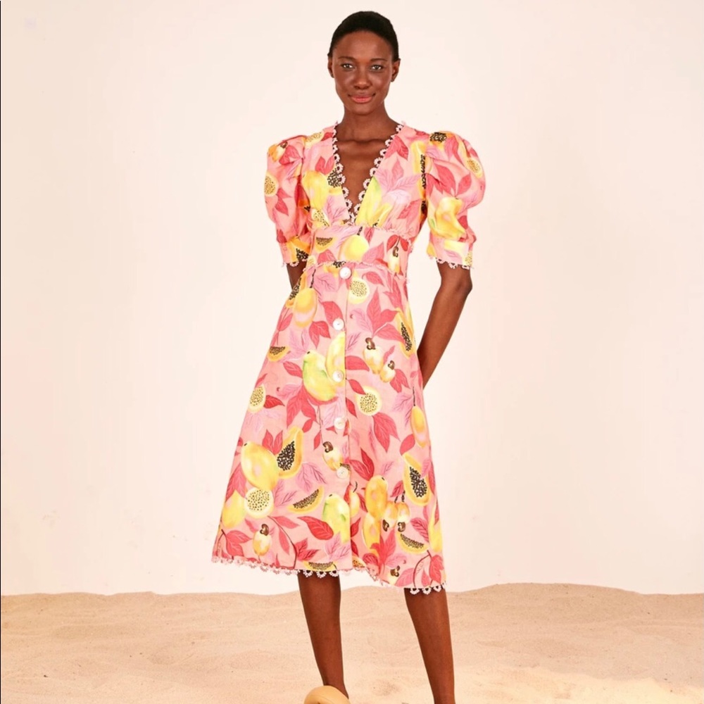 Farm Rio Pink Papaya Salad Button Down Midi Dress